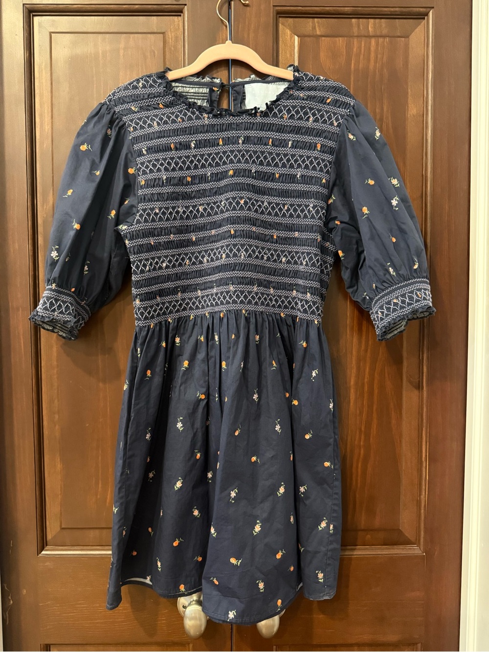 Hill House Navy Smocked Floral Puff Sleeve Dress with Orange Accents